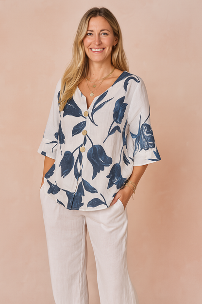 Elowen | Women's Floral Print V-Neck Button Front Blouse