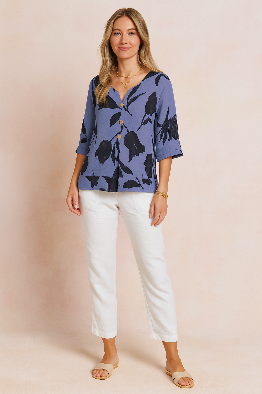 Elowen | Women's Floral Print V-Neck Button Front Blouse
