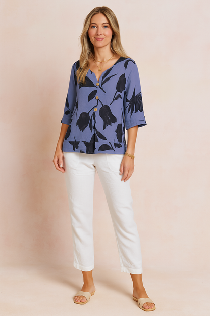 Elowen | Women's Floral Print V-Neck Button Front Blouse
