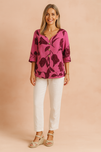 Elowen | Women's Floral Print V-Neck Button Front Blouse