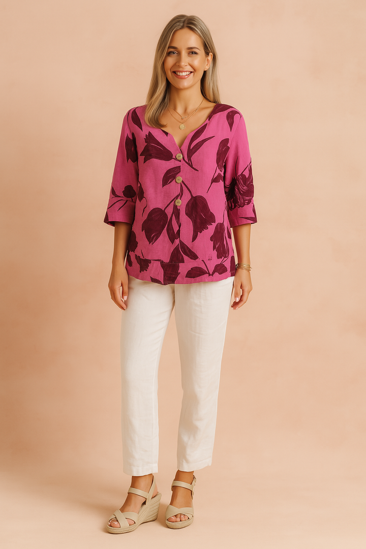 Elowen | Women's Floral Print V-Neck Button Front Blouse
