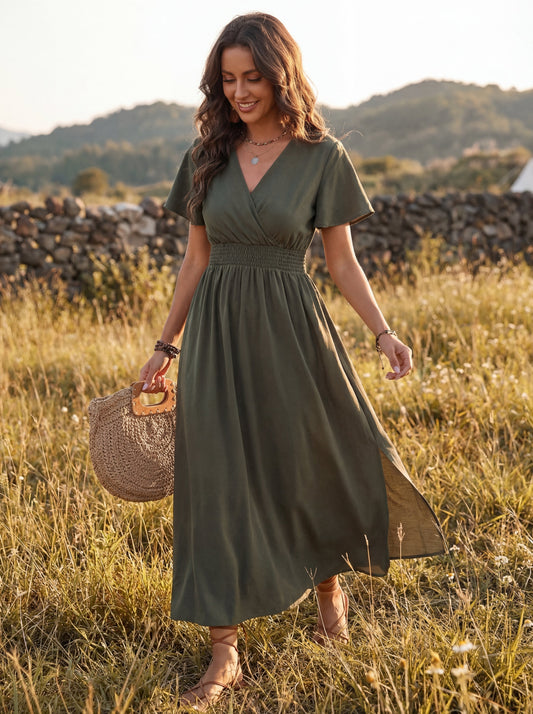 Elara | Women's V-Neck Smocked Waist Midi Dress