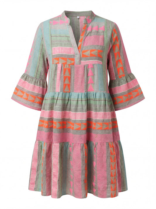 Saffron | Women's Boho Tiered V-Neck Mini Dress