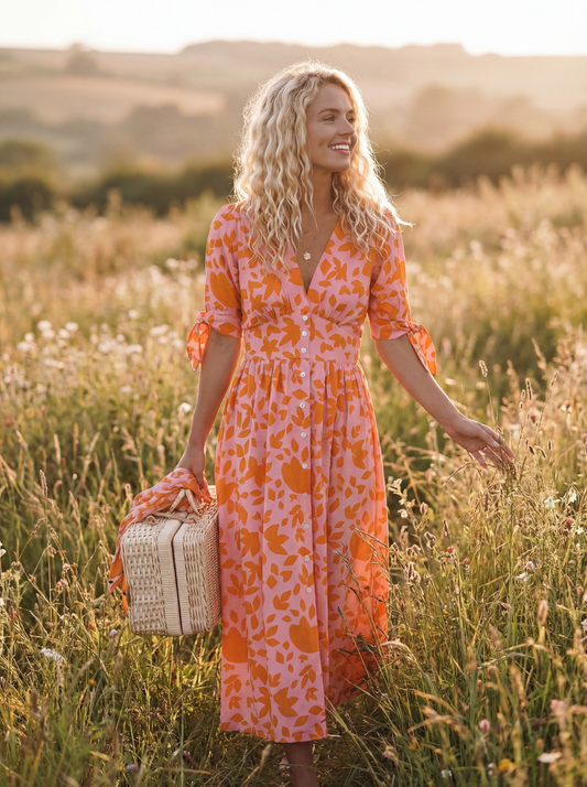 Lumi | Women's Floral V-Neck Button Front Midi Dress